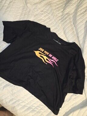 Black Graphic Short Sleeve Tee with Pink & Orange Flame Print